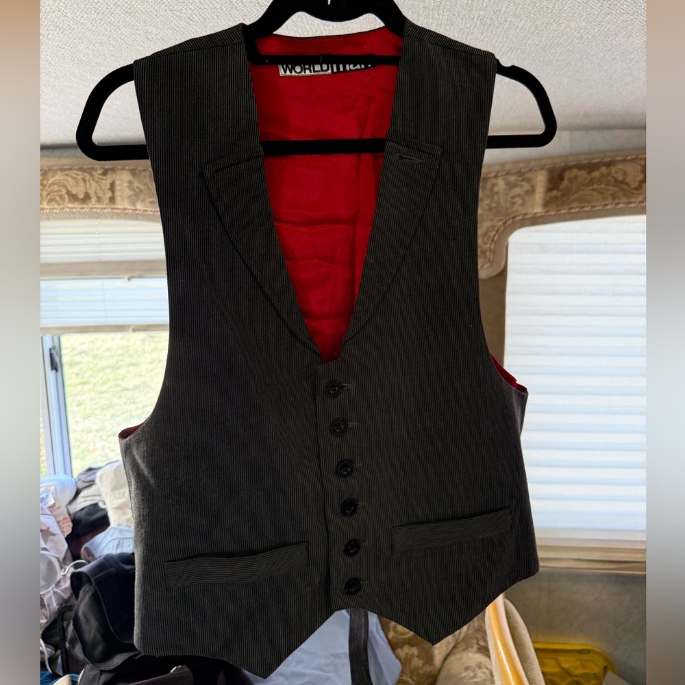 WORLD MAN: NZ designed-Men's Pinstripe Vest with Red Lining